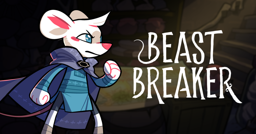 Skipper from Beast Breaker, a white anthropomorphic mouse in a blue tunic and cape, looking determined and making a fist, in front of a blurry map room, next to the words BEAST BREAKER